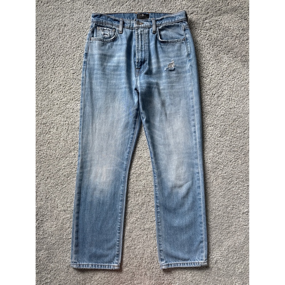 7‎ For All Mankind Mens Distressed Straight Leg Light Wash Denim Jeans Size 28